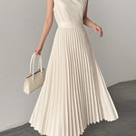 A-Line Loose Pleated Solid Color Round-Neck Maxi Dresses