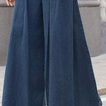 Loose Wide Leg Pleated Pockets Solid Color Jean Pants Bottoms Trousers