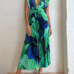 Loose Sleeveless Pleated Printed Split-Joint Deep V-Neck Maxi Dresses