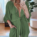 Long Sleeve Front Ties V Neck Shorts Jumpsuit