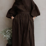 Half Sleeves Loose Buttoned Pleated Solid Color Tied Waist Stand Collar Maxi Dresses