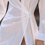 Long Sleeves Buckle Buttoned Pleated Solid Color Split-Front Lapel Maxi Dresses Shirt Dress
