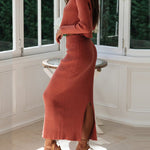 Solid Color Two Piece Set Women Sweater & Comfortable Slim Split Skirt