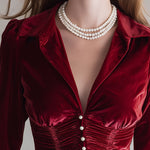 Fashionable Retro Red Velvet Pleated Ruffled Long-sleeved Shirt