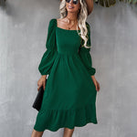 Solid Square Neck Bishop Sleeve Flounce Hem Dress