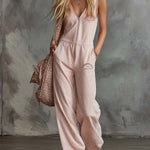 Elegant Retro Sporty V-neck Front Zipper Sleeveless Light Pink Cotton Jumpsuit
