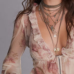 Zippered Ruffled Collar Vintage Floral Blouse