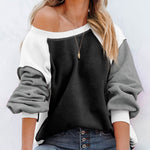 Nadorine Colorblock Bishop Sleeve Sweatshirt Plush Stitching Jumper Crop Top