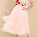 Midnight Garden Embroidered Floral Applique One Shoulder Tiered Tulle Midi Dress
