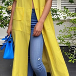Loose Short Sleeves Buttoned Pockets Solid Color Stand Collar Blouse Outerwear Midi Dress