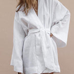 Short Robe Dress Open Front Belted Cardigan V Neck Flare Long Sleeve Cover Up