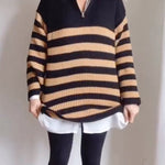 Quarter Zip V Neck Ribbed Knit Striped Pullover Sweater