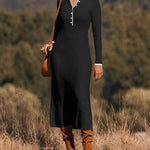 Turndown Collar Button Knit Slim Fit Maxi Dress
