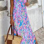 Purple Fluorescent Printed Round Neck Sleeveless Maxi Dress