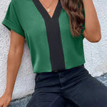 Loose Short Sleeves Contrast Color V-Neck T-Shirts Tops