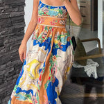 Unique Printed Lace-up Suspender Pockets Casual Resort Style Midi Dress