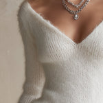 Stylish And Versatile Wool Cuffs White V-neck Slim-fit Sweater
