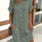 Loose Short Sleeves Buttoned Pockets Lapel Mini Dresses