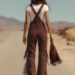 Brown Micro-suede Pocket Tassel Wide-leg Overalls
