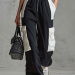 Casual Retro Sporty Black And White Color-blocked V-neck Half-zip Jumpsuit