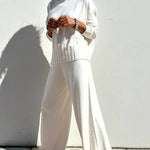 Elegant Two-piece Set Round Neck Sweater and Wide Leg Pant Outfits