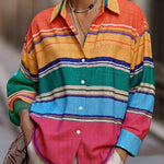 Long Sleeves Loose Buttoned Contrast Color Lapel Blouses&Shirts Tops