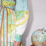 Travel Around The World Unique Print Balloon Sleeve Belt Shirt Midi Dress