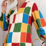 Loose Puff Sleeves Elasticity Rainbow Plaid Split-Joint V-Neck Maxi Dresses