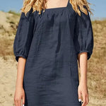 Minimalist style bubble sleeved casual square neck cotton linen dress