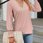 Solid Color Lace Patchwork V-Neck Loose-Fitting Long-Sleeved T-Shirt Top