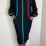 Long Sleeves Puff Sleeves Contrast Color Pockets Round-Neck Midi Dresses