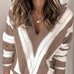 V Neck Stripe Color Block Loose Oversized Pullover Sweater