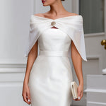 Off-Shoulder Draped Cape Satin Midi Dress