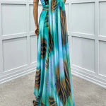 Lucia Unique Print Floral Detail One Shoulder Draped Sleeve Gown Maxi Dress