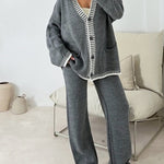 Nadorine Women's Casual Two-pieces Outfits Contrast Trim Knitted Cardigan and Trousers Pants Sets
