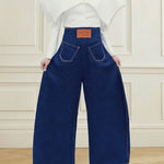 High Waisted Loose Elasticity Pockets Solid Color Zipper Jean Pants Bottoms