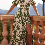 V-neck Short Sleeve Slit Printed Midi Dress