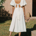 Puff Sleeve Deep V-Neck Open Back Tie Elegant Long Dress