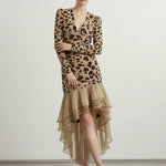 Bodycon High-Low Contrast Color Leopard Ruffled Split-Joint Deep V-Neck Midi Dresses