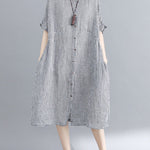 Artistic Retro Loose Split-Joint Plaid Buttoned Stand Collar Half Sleeves Midi Dress