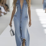 Western Retro Light Blue Denim Sleeveless Raw Edge Wide Leg Zipper Jumpsuit