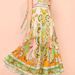 Summer Serenade Linen Blend Unique Print Tie-up Strap Smocked Pocketed Maxi Dress