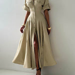 Short Sleeves Buttoned Solid Color Lapel Maxi Dresses Shirt Dress