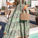 Green Boho Floral Print Backless Drawstring High Waist Maxi Dress
