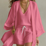 White Loose Cardigan And Drawstring Shorts Three-piece Set