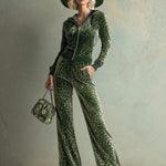 Retro Elegant Green Leopard Print Hooded Velvet Jumpsuit