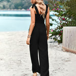 Sleeveless Lace-up Smocked Jumpsuits Solid Loose fit Wide Leg High Wasit Romper