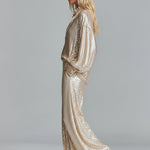 Women's Gold Glamorous Sequin Collared Half - Zip Wide - Leg Loungewear Party Set