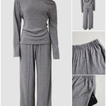 CHICME Women's 2-Piece Knit Set Skew Neck Long Sleeve Slim Fit Top and High-Waist Wide-Leg Pants Casual Soft Ribbed Lounge Set