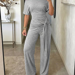 Women's Skew Neck 2 Piece Outfits Ruched Tie Waist Short Sleeve Top and High Waisted Wide Leg Pants Lounge Set